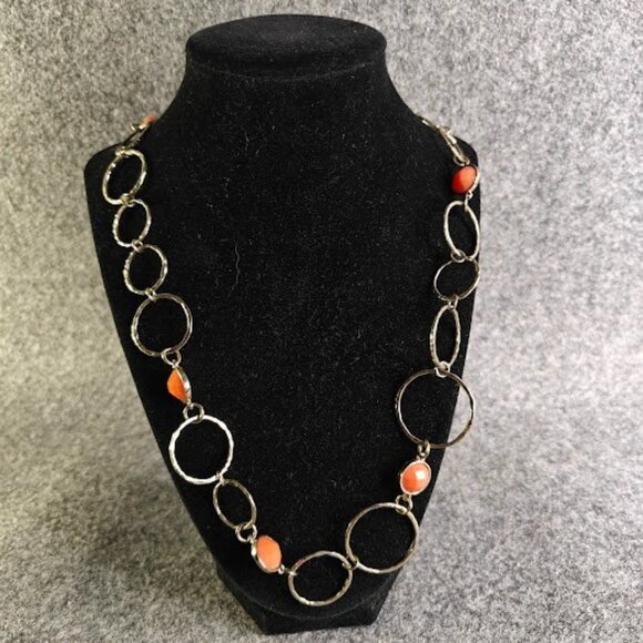 Statement Necklace Women’s Medium Orange Beaded Circular Link Silver Chic - Picture 1 of 2